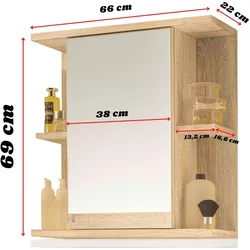Spiegelschrank Mykonos Badmöbel Bad Spiegel Wandmontage Medizinschrank 66cm Sonoma Eiche