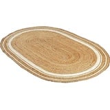 Ripaz Vogue Jute Teppich Natur Jute Handgeflochten Oval Form Flächenteppich Flur Teppich Wohnzimmer Teppich (150 x 210 cm (5x7 Fuß), Beige + Weiße Linie)