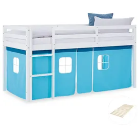 Homestyle4u Hochbett 90 x 200 cm Kiefer massiv lackiert blau