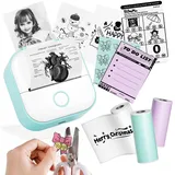 Phomemo Mini Drucker, T02 Sticker Printer, Fotodrucker für Smartphone mit 3 Rollen Etiketten, Bluetooth Aufkleber Drucker, Handy Mini Thermodrucker für Studiennotizen, DIY Erstellung, Fotos, Grün