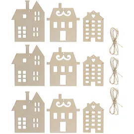 Spetebo Holz Haus Aufhänger zum selbst gestalten - 9er Set - DIY Kreativset zum Basteln - Weihnachtsdeko Winterdeko Weihnachtsdorf Deko Hänger zum Bemalen