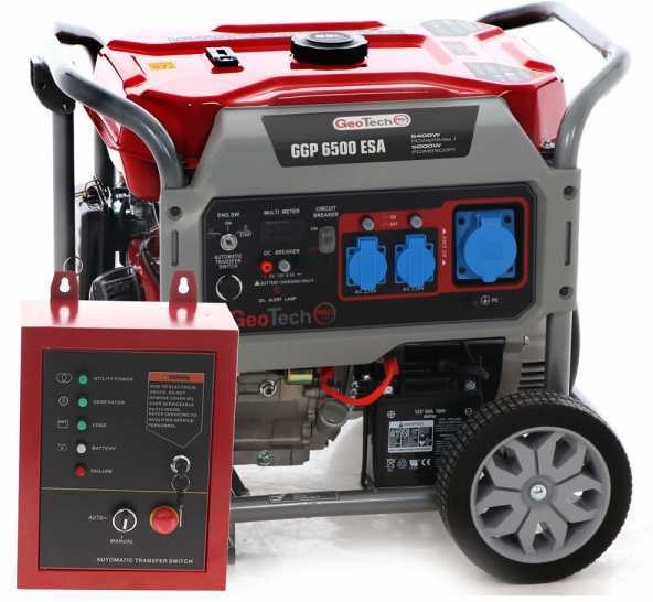 GeoTech Pro GGP 6500 ESA - Benzin-Stromerzeuger mit Rädern und AVR-Regelung und Elektrostarter 5.4 kW - Dauerleistung 5 kW einphasig + ATS