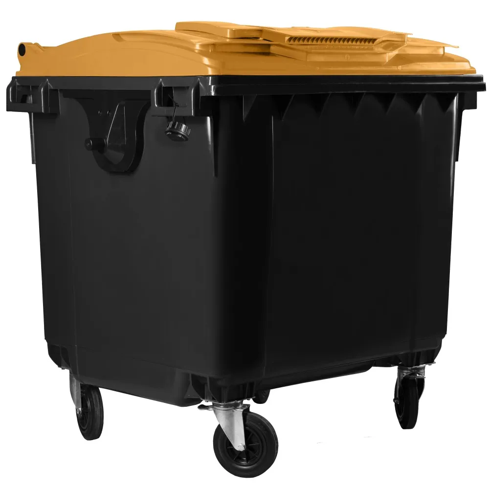 Hardwex Müllcontainer 1100 l Schwarz mit orangenem Flachdeckel, Deckel im Deckel