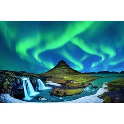 Fototapete PAPERMOON "KIRKJUFELL-NORDLICHT ISLAND GEBIRGE WASSERFALL FLUSS", bunt, B:5,00m L:2,80m, Vlies, Tapeten