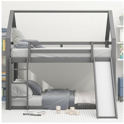 WISHDOR Kinderbett Kinderbett Hausbett Etagenbett Bett (mit Rutsche und Leiter, 140x200cm) grau