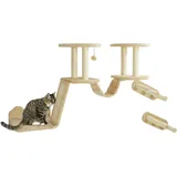 PawHut Katzen Kletterwand Set, 3-teilig Katzenmöbel mit Kratzbaum, Sitzstangen, Leiter, Stufen, Kratzbrett, für Katzen bis 5 kg, Sisal, Beige - Beige