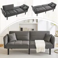 Merax 2-in-1 Verstellbares Schlafsofa Zweisitzer, mit Samtbezug, klappbaren Armlehnen & Schlaffunktion, Massivholzfüße, platzsparendes Falt-Design, inkl. 2 Kissen, 176x78x76cm, Antikgrau