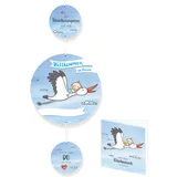 Storch zur Geburt Schild 100 cm I Willkommen Zuhause Baby Girlande blau I 6-teiliges Set, personalisierbar I vormontiert I Aufhänger Babyparty Deko Mobile Geburtsgeschenk Türschild Geburtsstorch