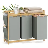 Songmics Wäschekorb 3 Fächer, Bambus, Wäschesammler 150 L, Wäschesortierer, mit Ablage, Wäschesack, kleine seitliche Taschen, Wäscheregal, 3 x 50 L, 94 x 33 x 78 cm, taubengrau