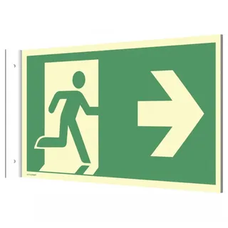 König Werbeanlagen Fahnenschild Wandmontage Notausgang links/rechts, Alu, nachleuchtend,160-mcd, 297x148mm