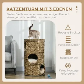 PawHut Kratztonne, 73 cm Hoch Katzentonne mit 3 Höhle, Kissen, Kratzbaum mit Katzenbett, Katzenturm aus Wasserhyazinthe, Dunkelbraun