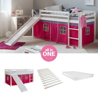 Kinder Hochbett mit Rutsche 90x200 Matratze Vorhang Pink Bett Holz Homestyle4u