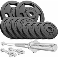 Hop-Sport 39kg Gusseisen Hantel-Set Langhantel Set Langhantelstange Kurzhantelstange 30mm, 1x Langhantel, 2x Kurzhanteln, Gewichte: 2x5kg, 4x2,5kg,...