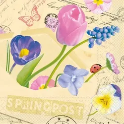 Mank Serviette Tissue Springpost, 40x40 cm, 100 Stück - Veilchen Gänseblümchen Tulpen Schmetterlinge
