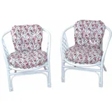 Rattanstuhl HOME AFFAIRE "Rattansessel", weiß (weiß, blume), Das hell lackierte Gestell sowie Sitz- und Rückenpolster mit einem attraktiven Röschenmuster verleihen dem »Rattansessel« von Home affaire sein romantisches Flair. Geliefert wird er im 2er-Set. Als Sitzmöbel passt er sowohl in den Essbereich als auch in den Wintergarten. Einen exzellenten Komfort bietet er durch die Polster mit Schaumstoffflockenfüllung. Mithilfe der Befestigungsbändchen liegen diese rutschhemmend auf. Mit dem Set entsteht ein Treffpunkt, der zum gemütlichen Verweilen einlädt. Hergestellt wird das aparte Flechtmöbel in aufwendiger Handarbeit. Der »Rattansessel« von Home affaire sorgt mit einer Röschenmuster-Polsterung für ein romantisches Ambiente., Stühle, Rattanstuhl, 2erSet aus Rattan mit Kissenauflage, im Röschendessin, Breite 66 cm