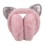 Peakpet Ohrenwärmer für Erwachsene Damen Mädchen, Winter Plüsch Ohrenschützer faltbare Cartoon Pailletten Katzeohren Ohrenwärmer Winddicht Earmuffs Ohrenschutz Geschenk(Dunkel-rosa) - Einheitsgröße