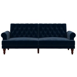 loft24 Schlafsofa Cassidy, Bezug in Samtoptik, Knopfheftung, gedrechselte Holzbeine, Breite 212 cm blau