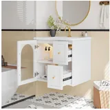 REDOM Badkommode Wandmontierter Badschrank (mit Keramikbecken, LED-Beleuchtung, geriffeltem Glastür & Metallgriffen, 1 St., 60.5*47.5*57cm(L x B x H) weiß
