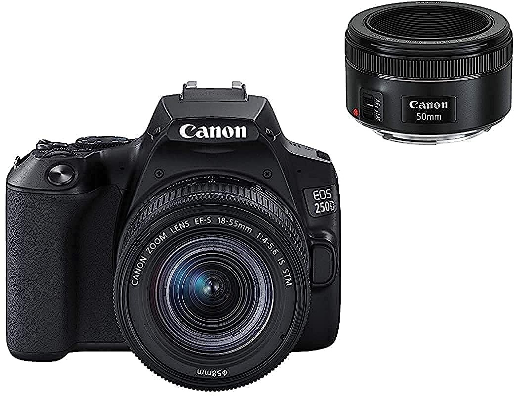 Canon EOS 250D Digitalkamera - mit Objektiven EF-S 18-55mm F4-5.6 IS STM + EF 50mm F1.8 STM (24,1 MP, 7, 7 cm (3 Zoll) Vari-Angle Display, APS-C-Sensor, 4K, Full-HD, DIGIC 8, WLAN, Bluetooth), schwarz