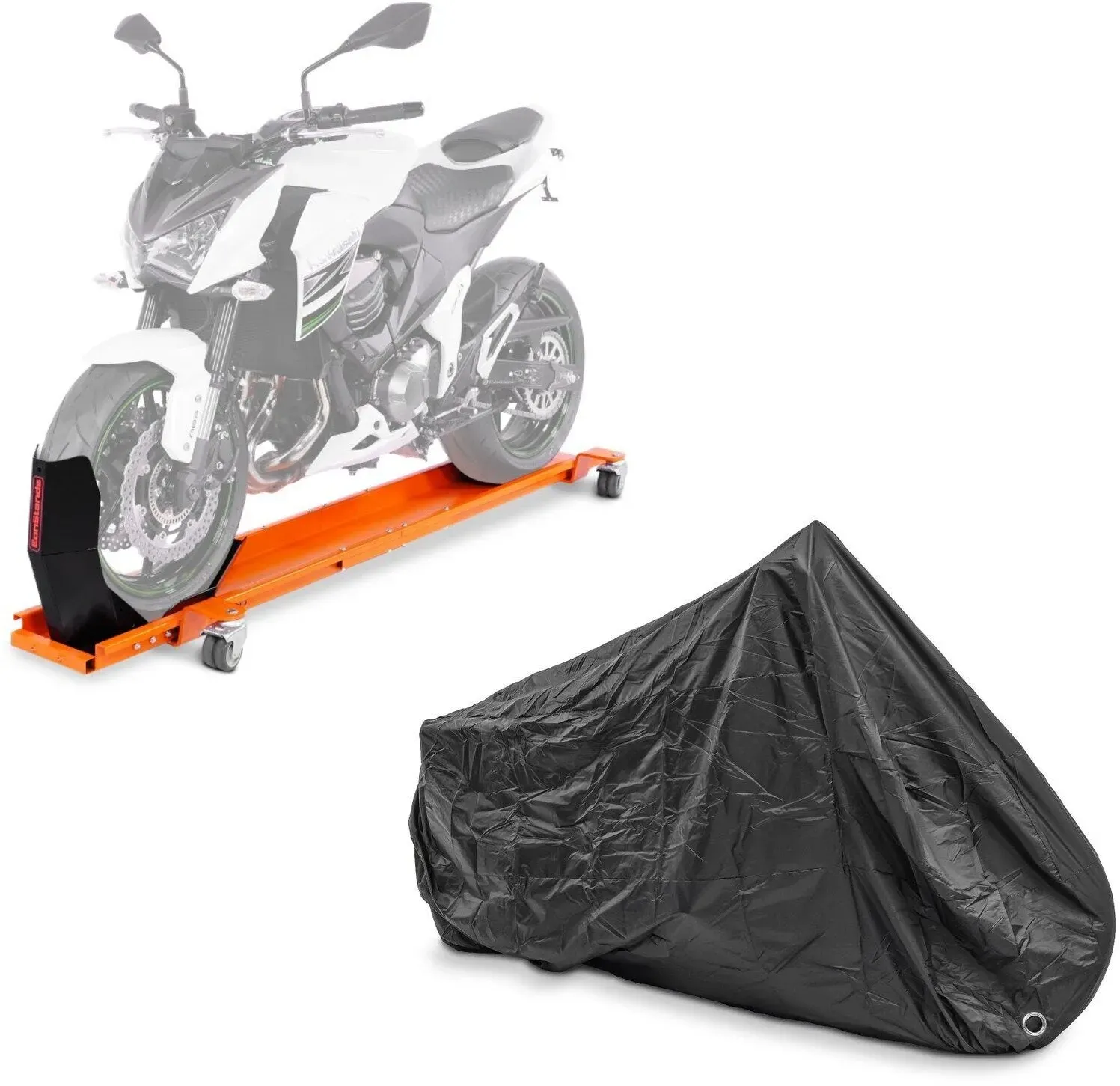 Set: Rangierschiene passend für Chopper / Custombike Limited ConStands Smart-Mover mit Wippe orange + Abdeckplane passend für Chopper / Custombike Limited Craftride XXXL schwarz CB39696