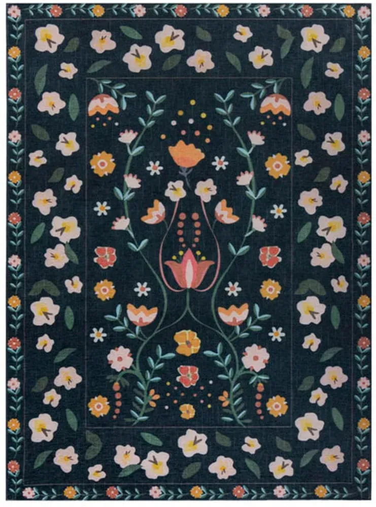 Teppich FLAIR RUGS "Nordic Floral", blau (dunkelblau), B:170cm H:8mm L:240cm, Kunstfaser, Teppiche, Nordic Floral Washbarer Teppich