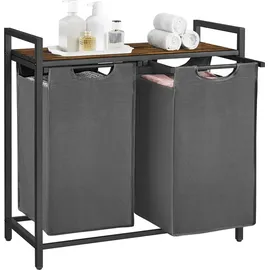 Songmics VASAGLE Wäschekorb 2 Fächer, mit Ablage, Wäschebox, Wäschesack aus Oxford-Gewebe ausziehbar abnehmbar, 2 x 46 L - Grau