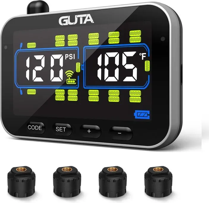 GUTA Wohnmobil/Anhänger Reifendruckkontrollsystem mit 4 Sensoren, 0-188PSI Echtzeitüberwachung, 6 Alarme, LCD-Farbbildschirm, Fernkommunikation, unterstützt bis zu 24 Reifen, GT20C+4GS02
