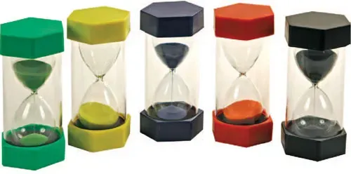 Lern-Sanduhr Set 5-teilig fr Kinder, 1/3/5/10/15 Min, Glas, 7,5 cm Durchmesser, 16,5 cm Hhe, bunt - Toy Academy