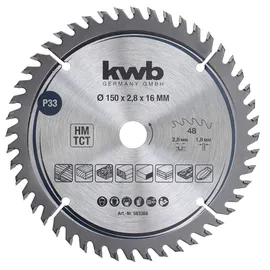 KWB Kreissägeblatt 150 x 16 mm - Sehr feiner Schnitt - Für Arbeitsplatten, Holz und beschichtete Platten - Hartmetallbestückt