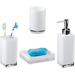 Relaxdays Badaccessoires Set 4-teilig, modern, Zahnputzbecher, Zahnbürstenhalter, Seifenspender, Seifenschale, weiß