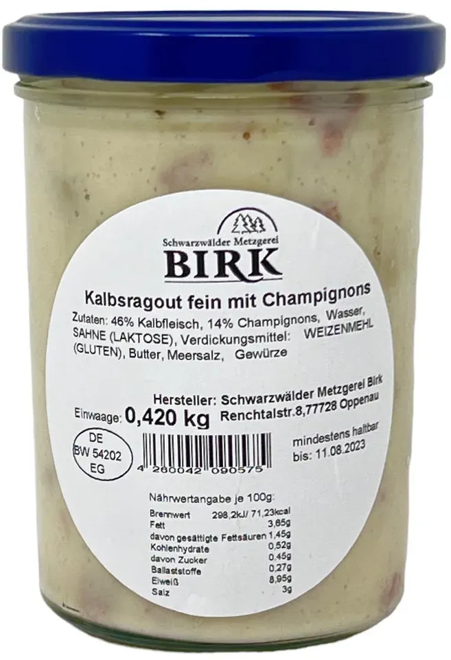 Schwarzwälder Metzgerei Birk Fertiggericht Kalbsragout fein mit Champignons 420 Gr.