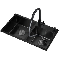 MBROS Küchenspüle, Schwarze Nano-304-Edelstahlspüle, Spülmaschinenspüle, Doppelwaschbecken, Spüle mit herausziehbarem Wasserhahn (Größe: 75 x 40 x 20 cm)