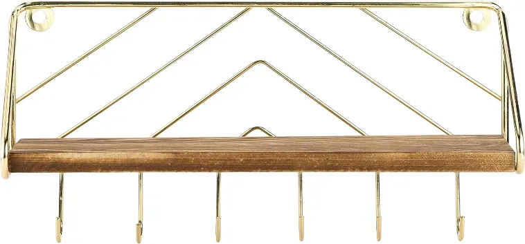 MyGift 31,75 cm Verbranntes Massivholz-Hängeregal und Schlüsselhalter, Wandmontierter Eingangsbereich-Organizer mit Messingdraht-Chevron-Design 6 Haken