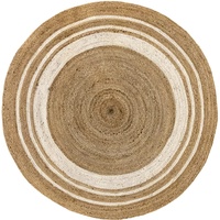 HAMID Jute Teppich Rund, Alhambra Teppich Handgewebt 100% Naturfaser de Jute, Wohnzimmer, Schlafzimmer, Flurteppich, Farbe Natur/Weiß (150x150cm)