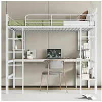 Powerwill Hochbett Kinder Bettgestell, Ohne Matratze Metallbett mit Schreibtisch weiß