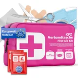 Verbandstasche KFZ Norm 2025 mit Beatmungstücher - Verbandskasten Auto - DIN13164:2022 - Erste Hilfe Set - Verbandskasten StVO konform (Pink)