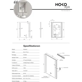 Hoko LED Badspiegel Wandspiegel 50x70cm + Anti-Beschlag - Lichtfarbe stufenlos einstellbar - Touch - Wandschalter - Speicherfunktion IP44 Koblenz - Transparent