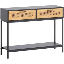 Wohnling Konsolentisch Schwarz Metall, Wiener Geflecht, 2 Schubladen rechteckig, eckig, 30x75x100 cm Anrichte Ablagetisch Flurtisch mit und Ablage, Dielentisch Lang Hoch Rattan