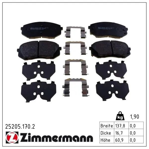 ZIMMERMANN Bremsbelagsatz, Scheibenbremse 252051702 Vorderachse für HYUNDAI KIA (DYK)