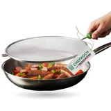 Fackelmann Chefkoch trifft Fackelmann Spritzschutz Ø29 cm – aus Edelstahl mit ergonomischem Soft-Touch-Griff, spülmaschinengeeignet, Spritzschutzdeckel gegen Öl-, Wasser- und Fettspritzer