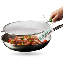 Fackelmann Chefkoch trifft Fackelmann Spritzschutz Ø29 cm – aus Edelstahl mit ergonomischem Soft-Touch-Griff, spülmaschinengeeignet, Spritzschutzdeckel gegen Öl-, Wasser- und Fettspritzer