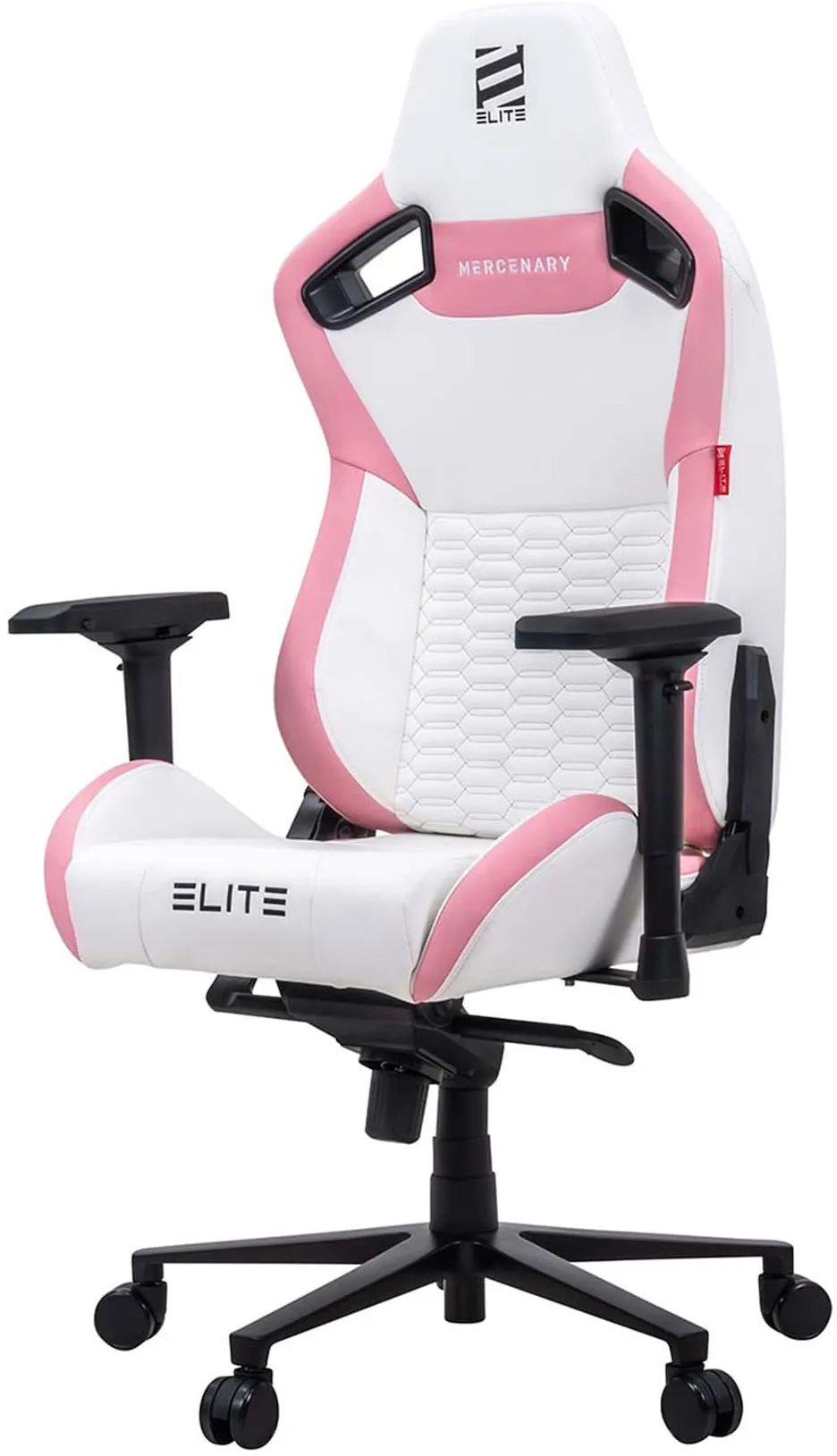 ELITE Gaming-Stuhl MERCENARY groß, ergonomisch mit Premium-Rücken- und Kopf-Nackenkissen, 48-53cm (Weiß/Pink)