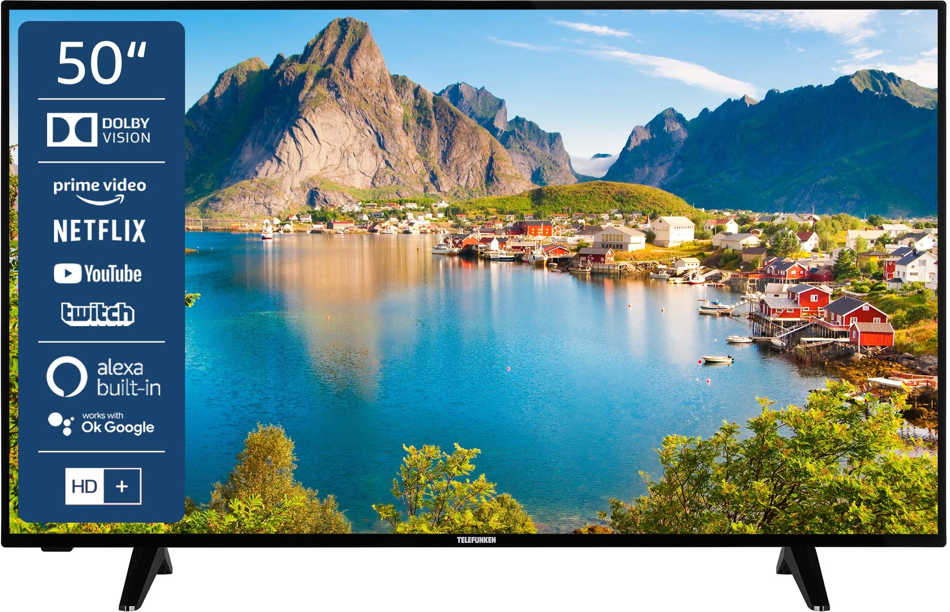 Telefunken D50U550X1CW 50 Zoll Fernseher/Smart TV (4K UHD, HDR Dolby Vision, LED, Triple-Tuner, WLAN, Alexa Built-in) - inkl. 6 Monate HD+ [2022], schwarz