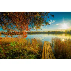 Fototapete PAPERMOON "SEE-LANDSCHAFT-STEG WALD WALD MEER STRAND BOOTE SONNE", bunt, B:3,00m L:2,23m, Vlies, Tapeten