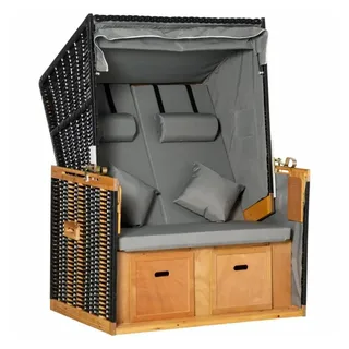 purehaven Strandkorb 118x79x150 cm für 2 Personen inkl. Rücken- und Sitzkissen verstellbare Rückenlehne Klapptische und Fußstützen grau