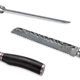 Wakoli EBO Damast Brotmesser I 20 cm Klinge mit Wellenschliff & Hammerschlag I schwarzer Eichenholzgriff