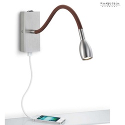 Knapstein LED Flexarm-Wandleuchte ASTA, Aufbau, 2.6W 2700K, CRi >90, mit USB-Ladeport + Schalter, Mattnickel / braun GKS-21.840.56