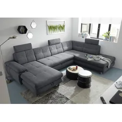 Wohnlandschaft ED EXCITING DESIGN "Alba U-Form", grau (anthrazit), B:349cm H:88cm T:233cm, 100% Polyester, Sofas, mit Bettfunktion, Bettkasten, Kopfstützen, Armteilverstellung