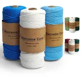 Makramee Garn 3er Set, Makramee Garn 3mm x 100m, Macrame Cord, Baumwollkordel Natur für DIY Handwerk, Böhmisches Dekor, Hängepflanze Pflanze Aufhänger ((Natur, Dunkelblau, Hellblau))