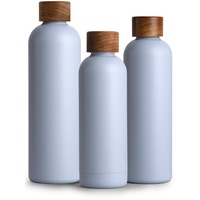 T&N Edelstahl Trinkflasche 1 Liter, Thermosflasche 1l mit Akazienholz Deckel, Isolierte Wasserflasche auslaufsicher bei Kohlensäure, Isolierflasche 1000ml - Sky Blue